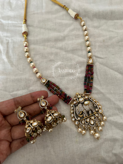 Gajali Elephant Motif Indian Art Designer Pearl Adorned Royal Necklace Set By Ranibaug