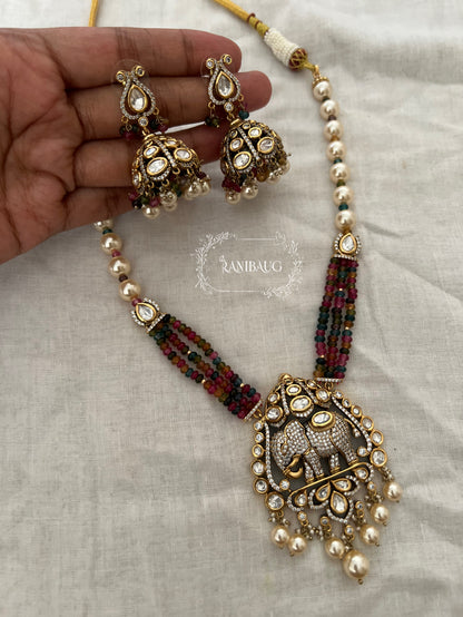 Gajali Elephant Motif Indian Art Designer Pearl Adorned Royal Necklace Set By Ranibaug