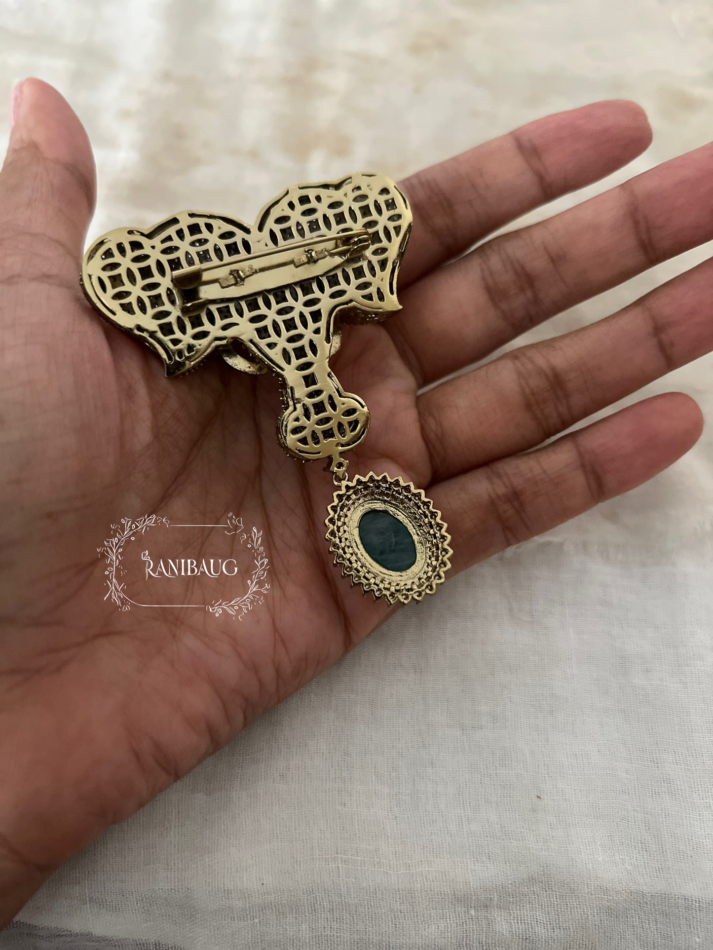 Gajraj Antique Gold Emerald Drop Diamond Brooch By Ranibaug