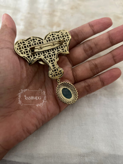 Gajraj Antique Gold Emerald Drop Diamond Brooch By Ranibaug