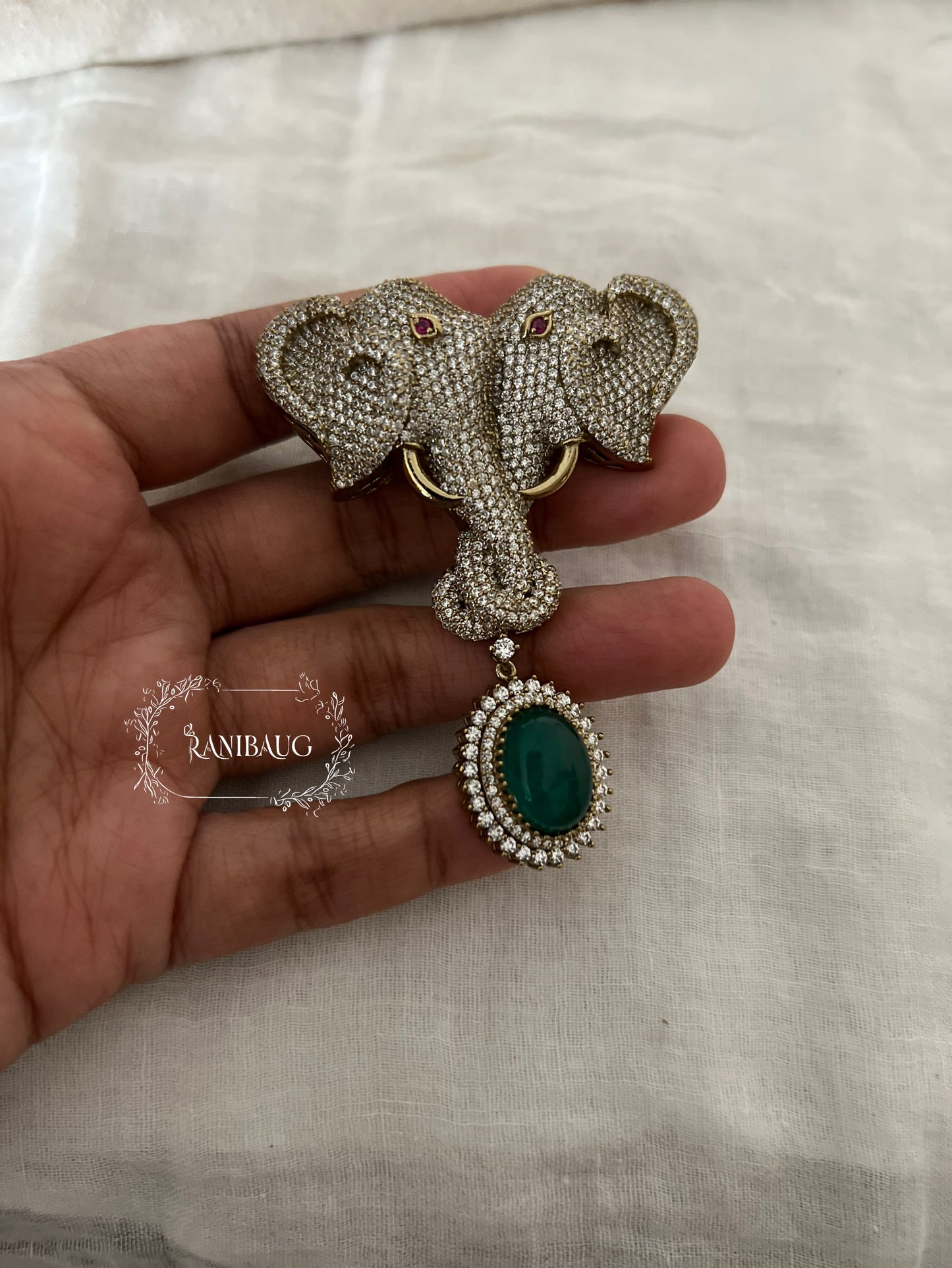 Gajraj Antique Gold Emerald Drop Diamond Brooch By Ranibaug