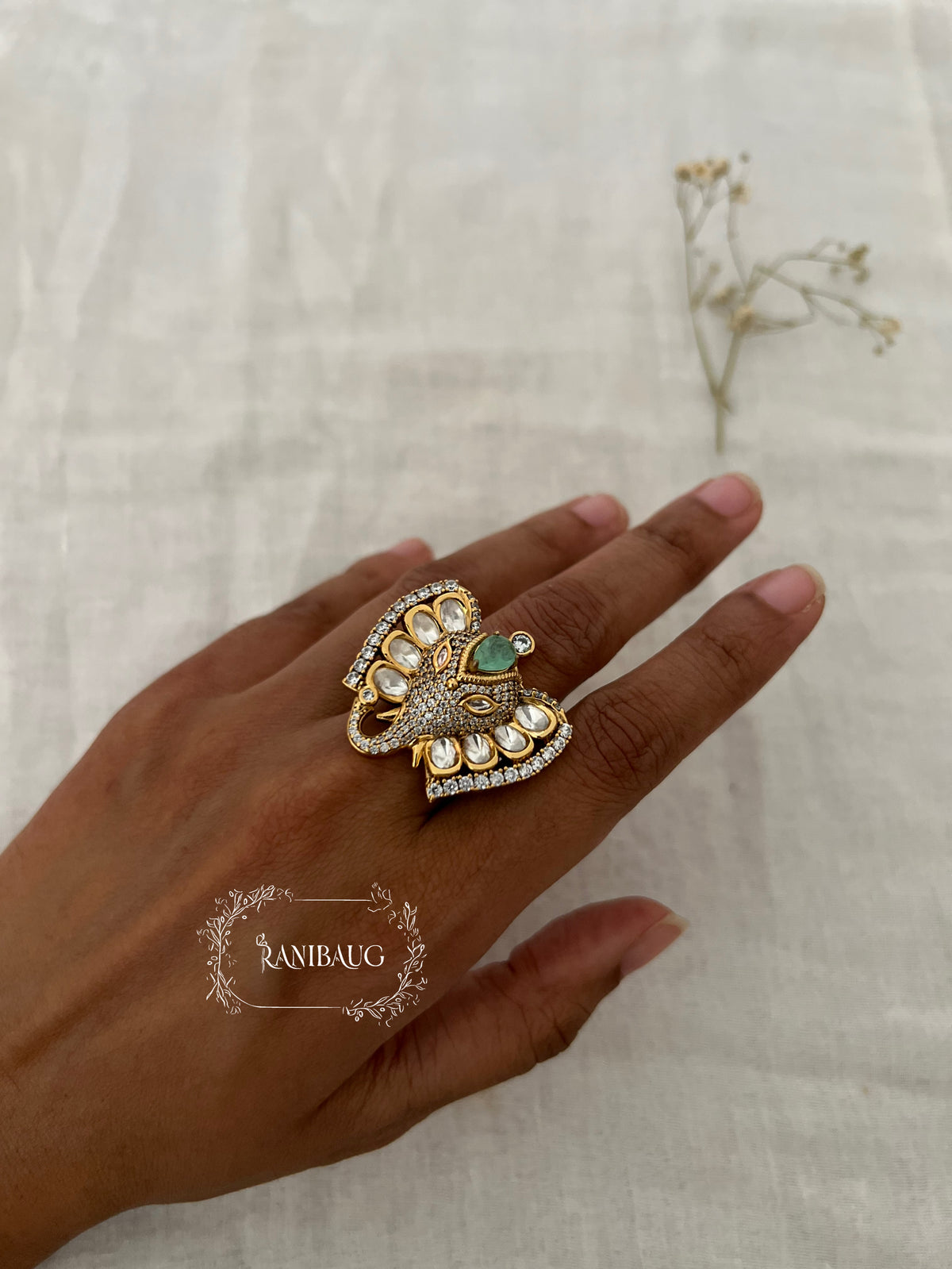 Gajraj Elephant Kundan Motif Designer Festive Ring By Ranibaug