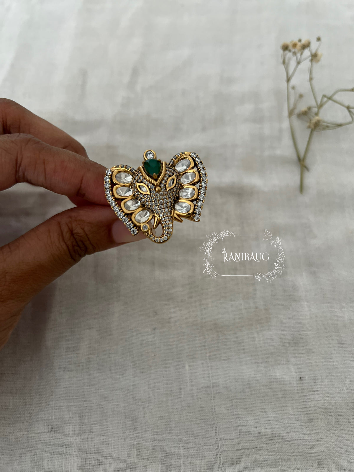 Gajraj Elephant Kundan Motif Designer Festive Ring By Ranibaug