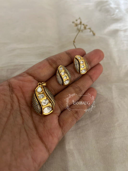 Ganga Premium Gold Plated Polki Kundan Studded Teardrop Pendant Set Jewellery By Ranibaug