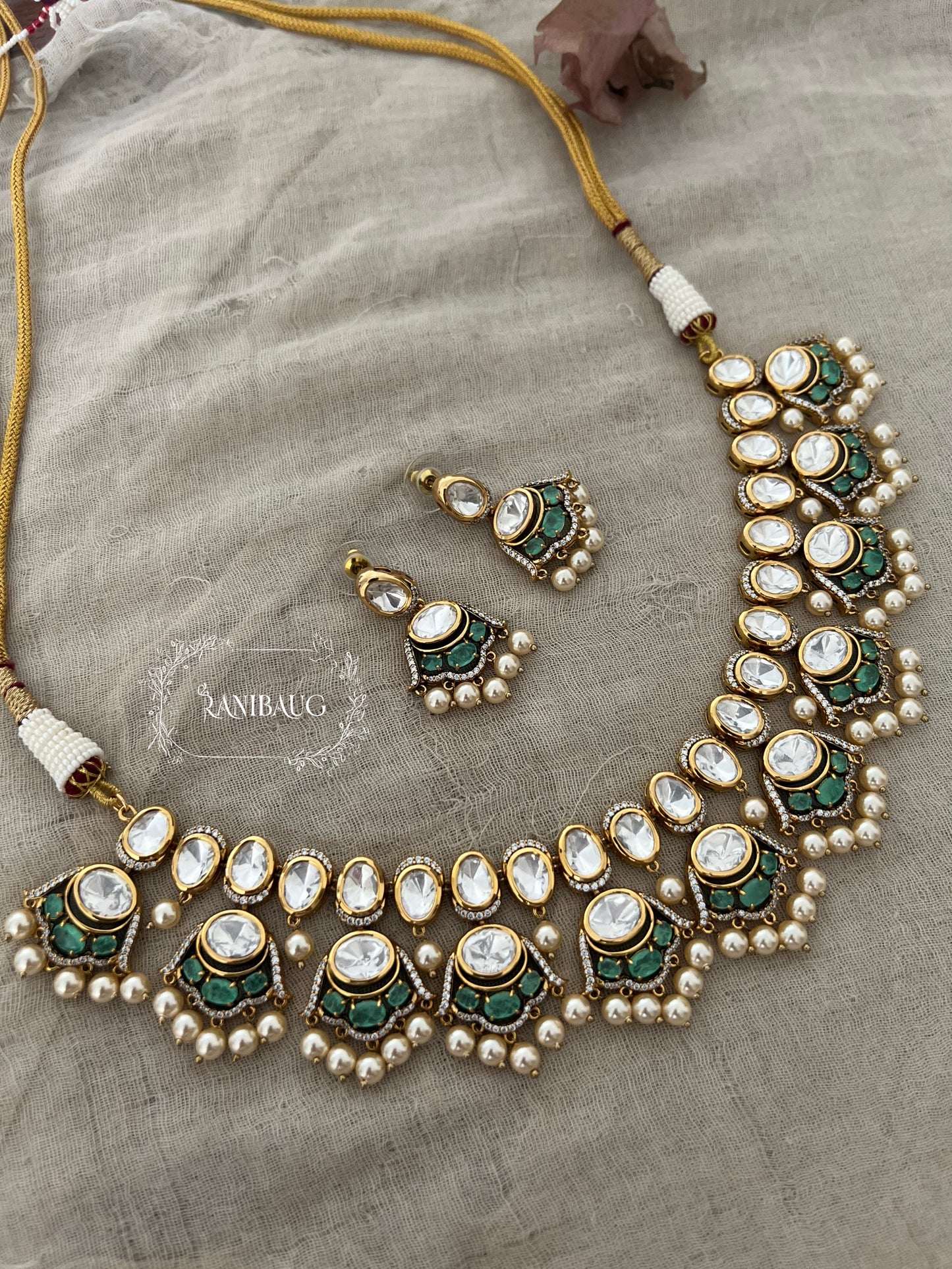 Gargi Kundan Polki Pearl Beaded Necklace Set By Ranibaug