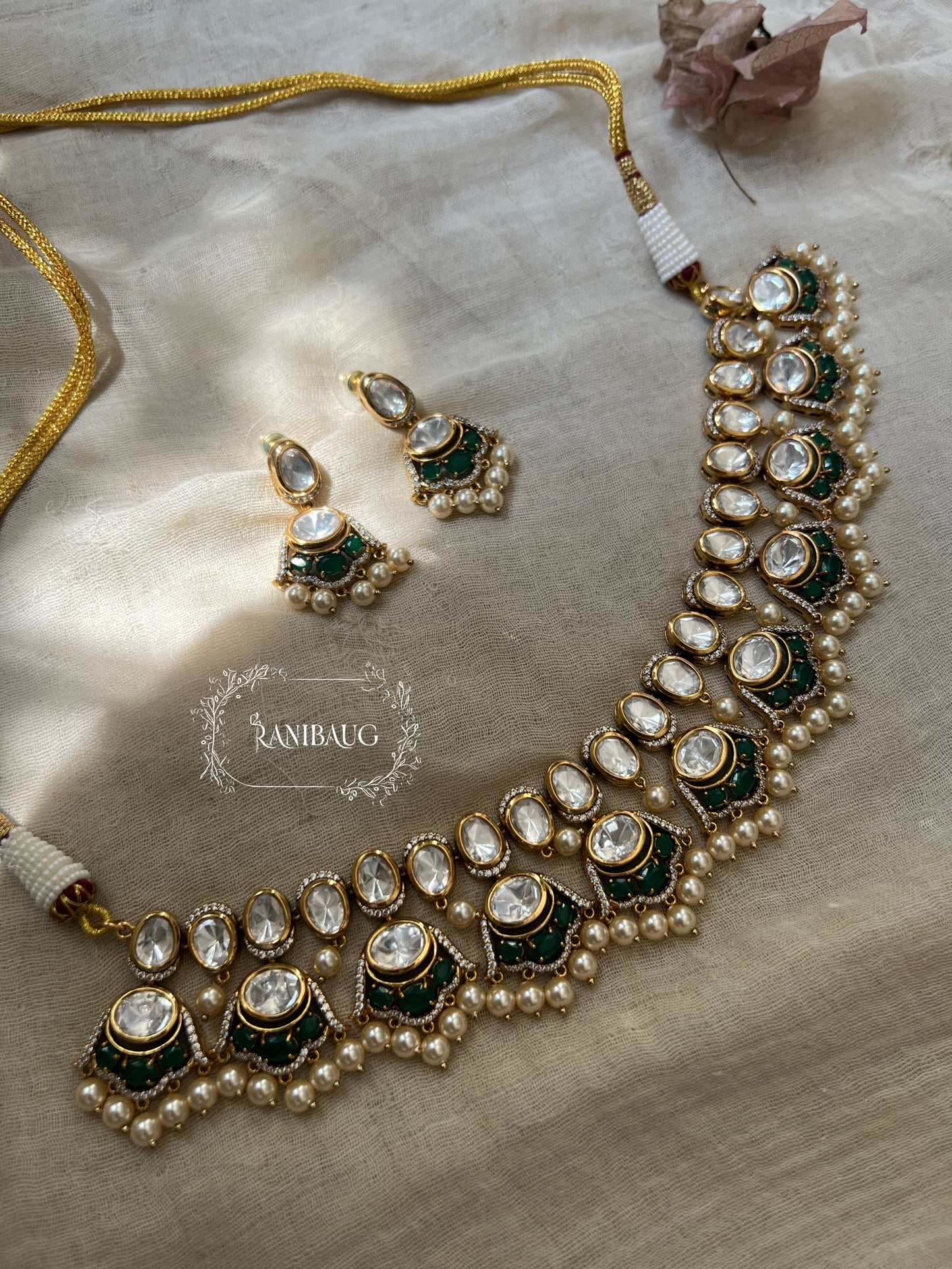 Gargi Kundan Polki Pearl Beaded Necklace Set By Ranibaug
