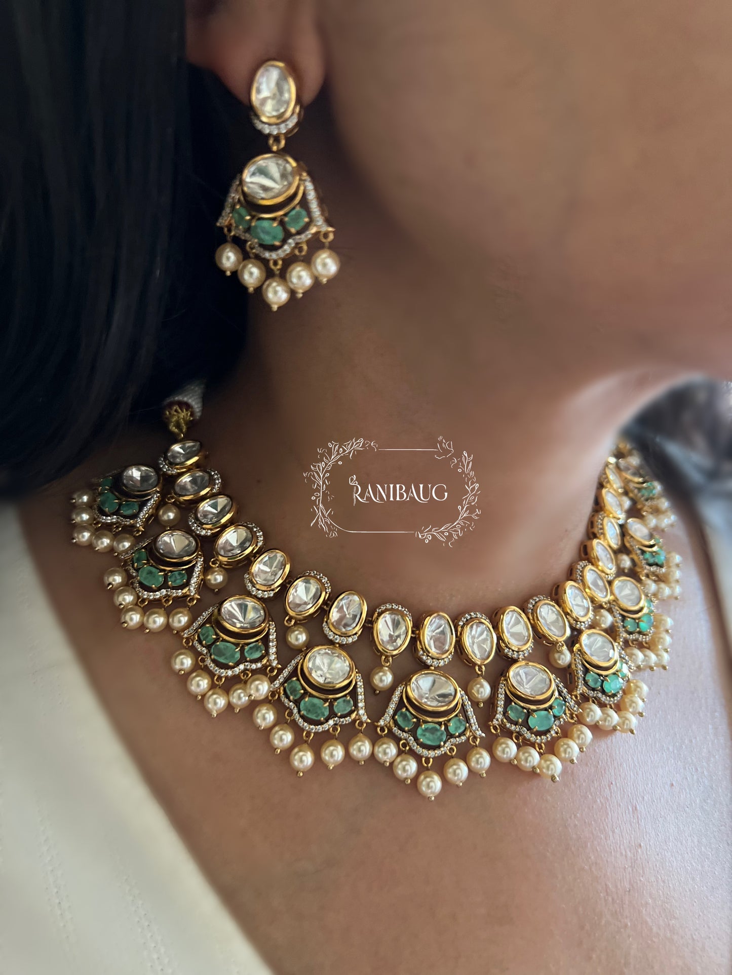 Gargi Kundan Polki Pearl Beaded Necklace Set By Ranibaug