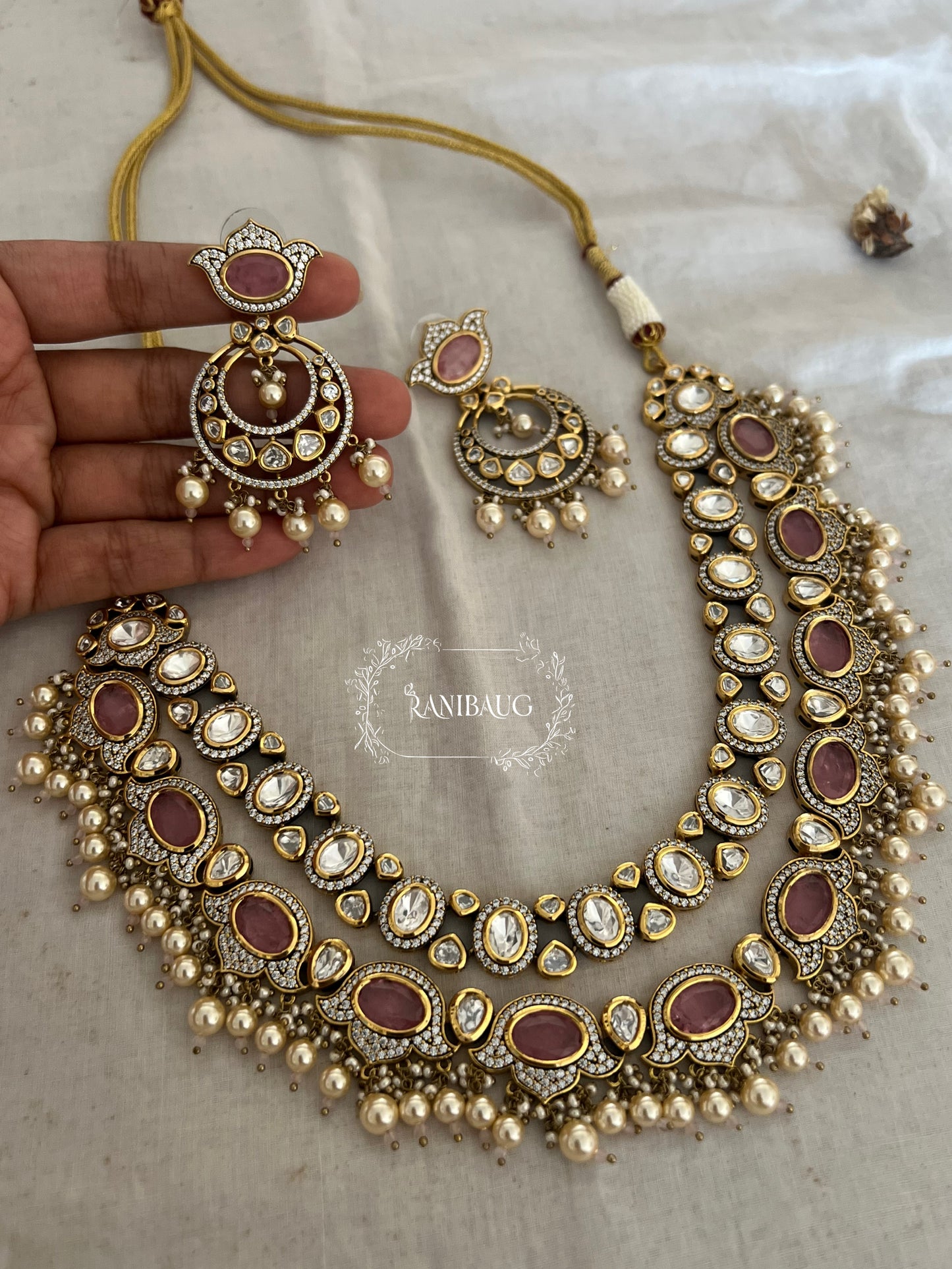 Garima Vintage Luxury Polki Kundan Victorian Finish Jewellery Set With Pearls By Ranibaug