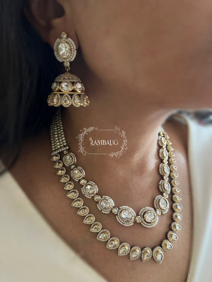 Garvi Victorian Finish Mossainite 2 Layered Necklace Jewellery Set With Contrasting Jhumkas By Ranibaug