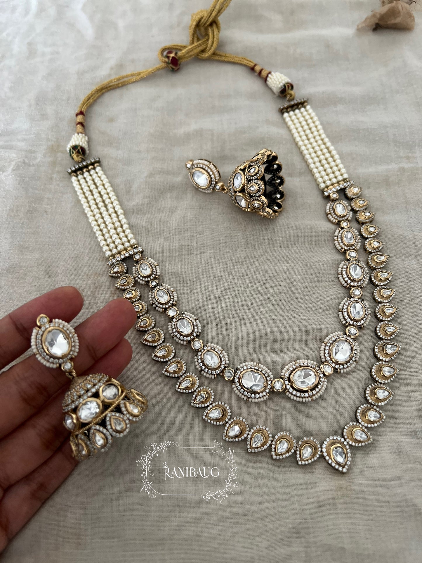 Garvi Victorian Finish Mossainite 2 Layered Necklace Jewellery Set With Contrasting Jhumkas By Ranibaug