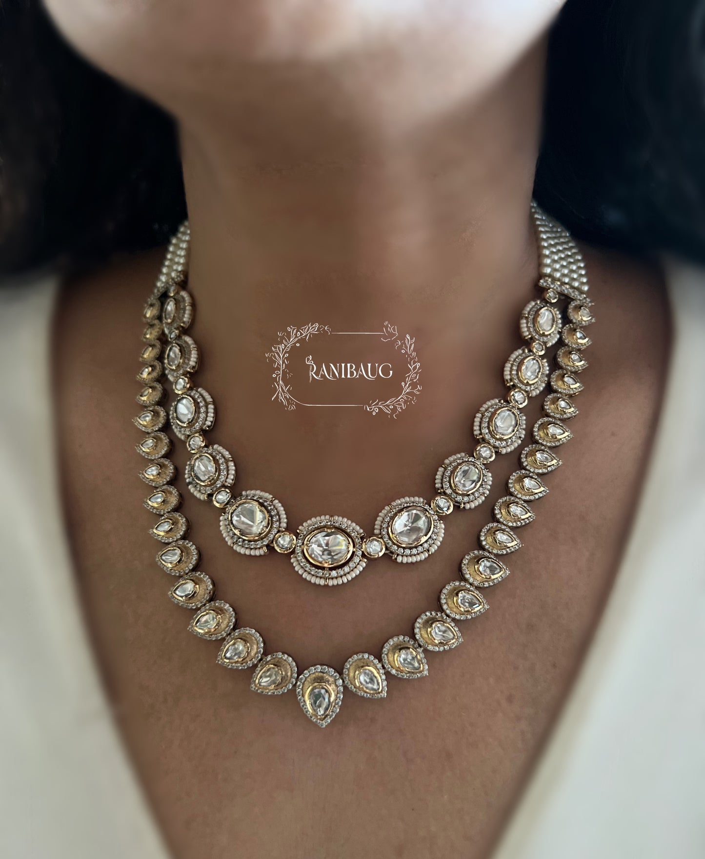Garvi Victorian Finish Mossainite 2 Layered Necklace Jewellery Set With Contrasting Jhumkas By Ranibaug