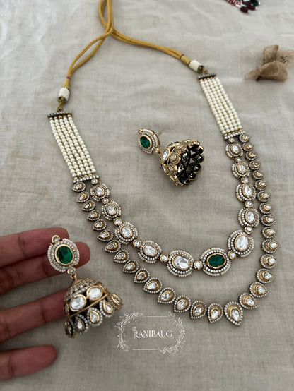 Garvi Victorian Finish Mossainite 2 Layered Necklace Jewellery Set With Contrasting Jhumkas By Ranibaug