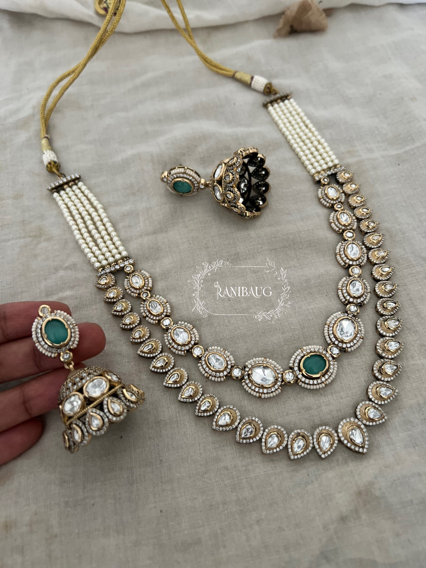 Garvi Victorian Finish Mossainite 2 Layered Necklace Jewellery Set With Contrasting Jhumkas By Ranibaug