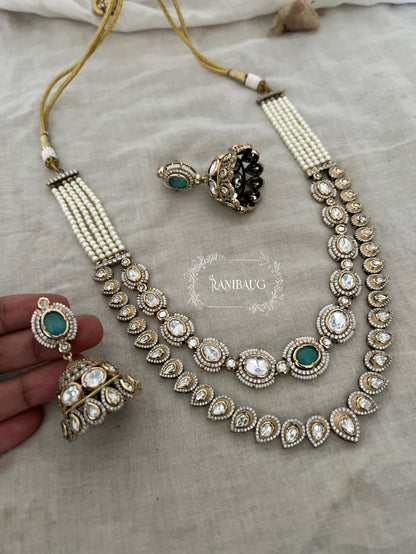 Garvi Victorian Finish Mossainite 2 Layered Necklace Jewellery Set With Contrasting Jhumkas By Ranibaug