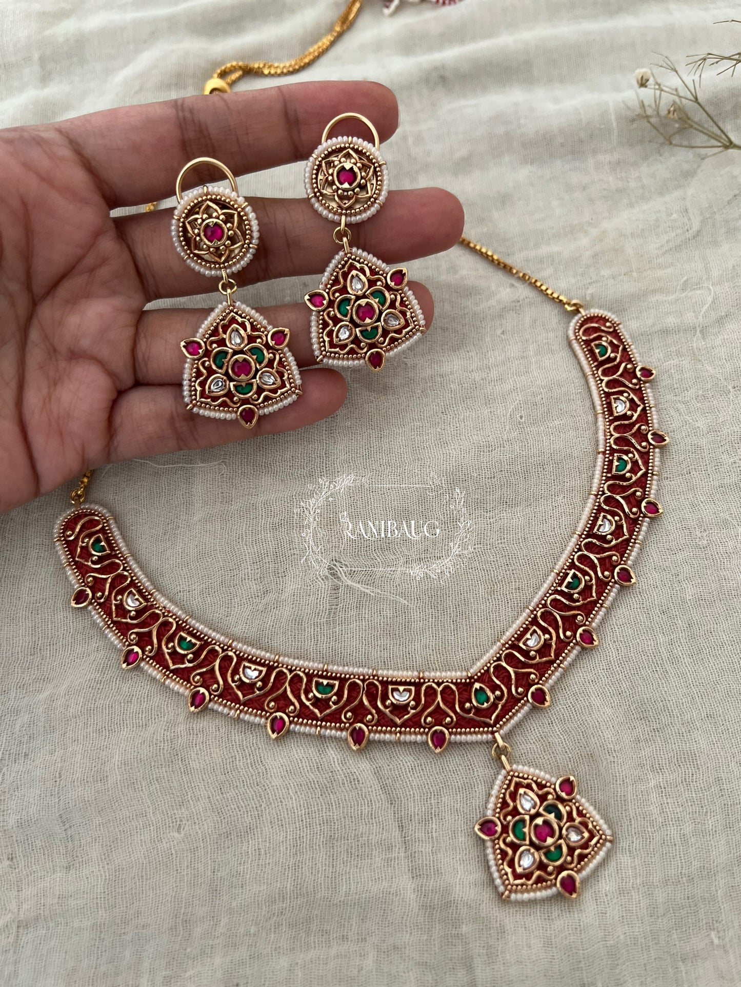 Gaurangi Indian Heritage Style Rich Gold Intricate Work Enamel Jewellery Set By Ranibaug