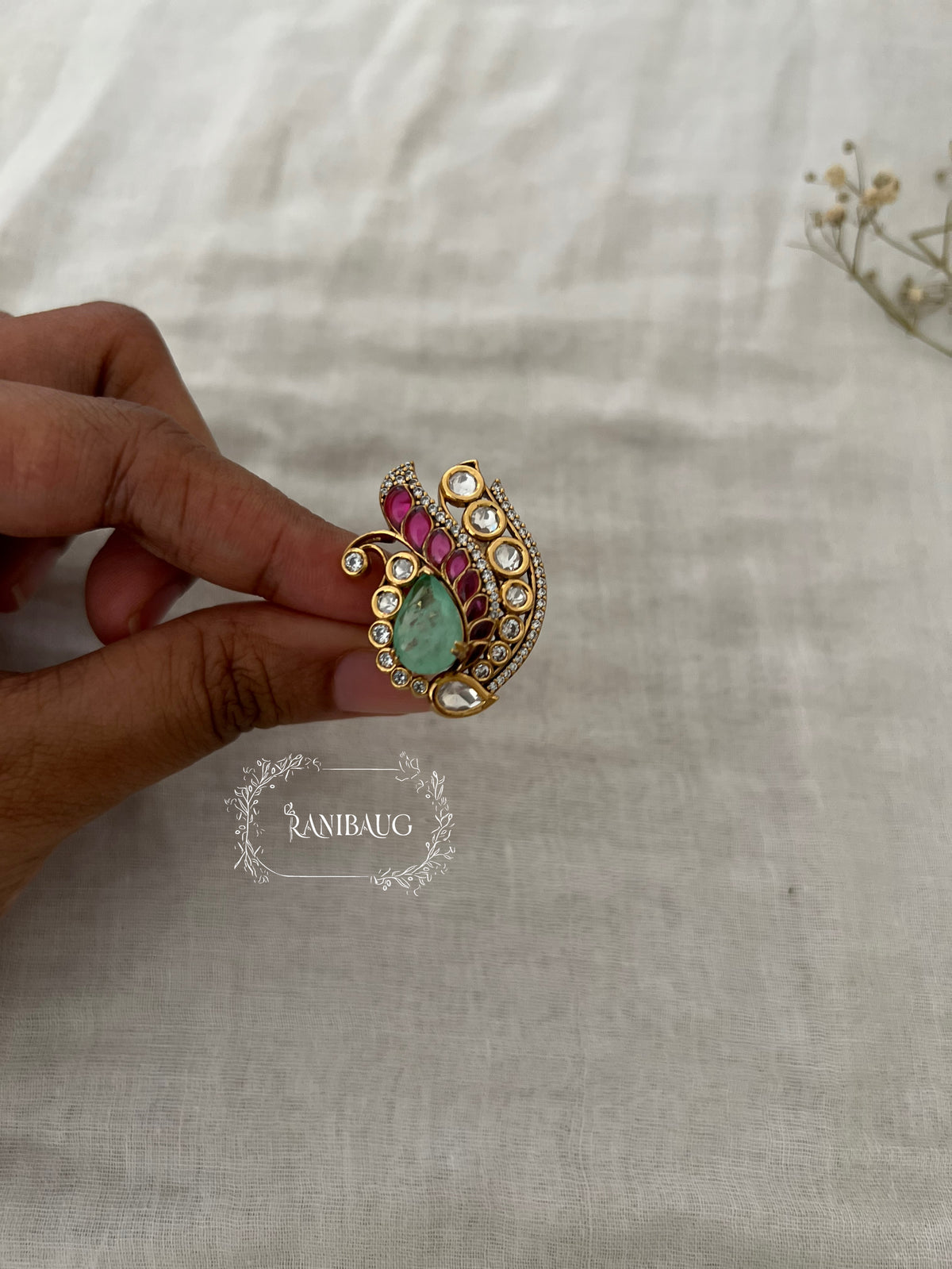 Gauri Ruby Mint Stone Polki Gold Tone Designer Festive Ring Jewelry By Ranibaug