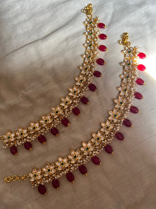 Gautami Lotus Kundan Floral Motif Designer Indian Anklet Jewelry With Ruby Accents For Saree By Ranibaug | Ankle Bracelet For Women 2026