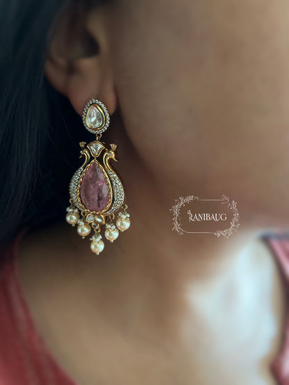 Gautami Peacock Polki Pearl Drop Teardrop Gemstone Dangler Earrings By Ranibaug