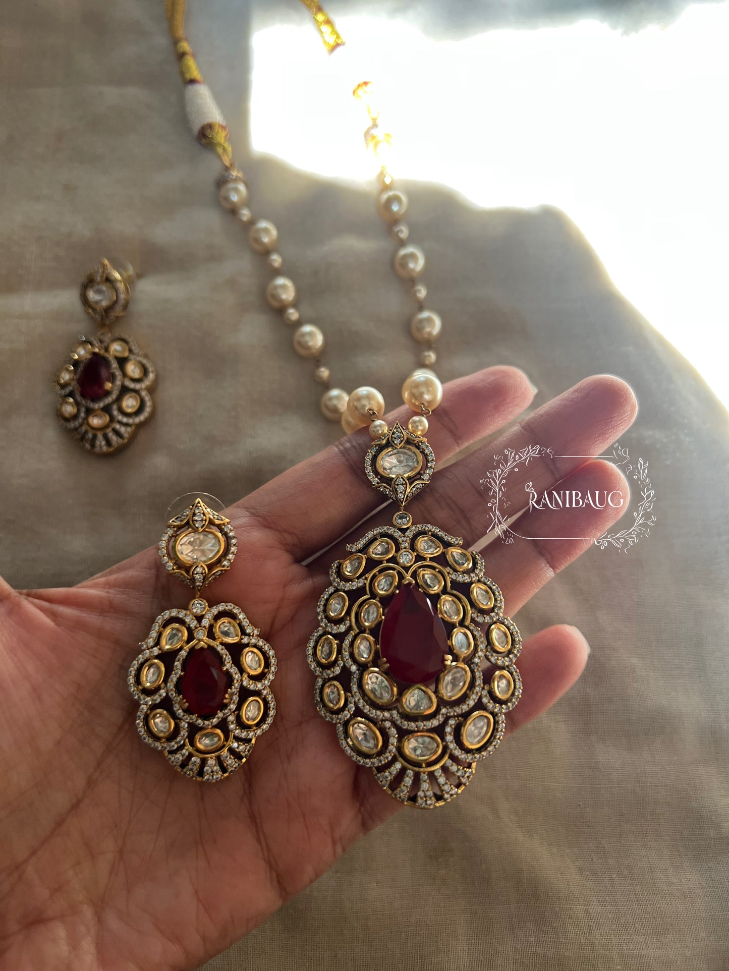 Gautami Queen's Royal Gemstone Polki And Pearl Victorian Finish Necklace Set By Ranibaug