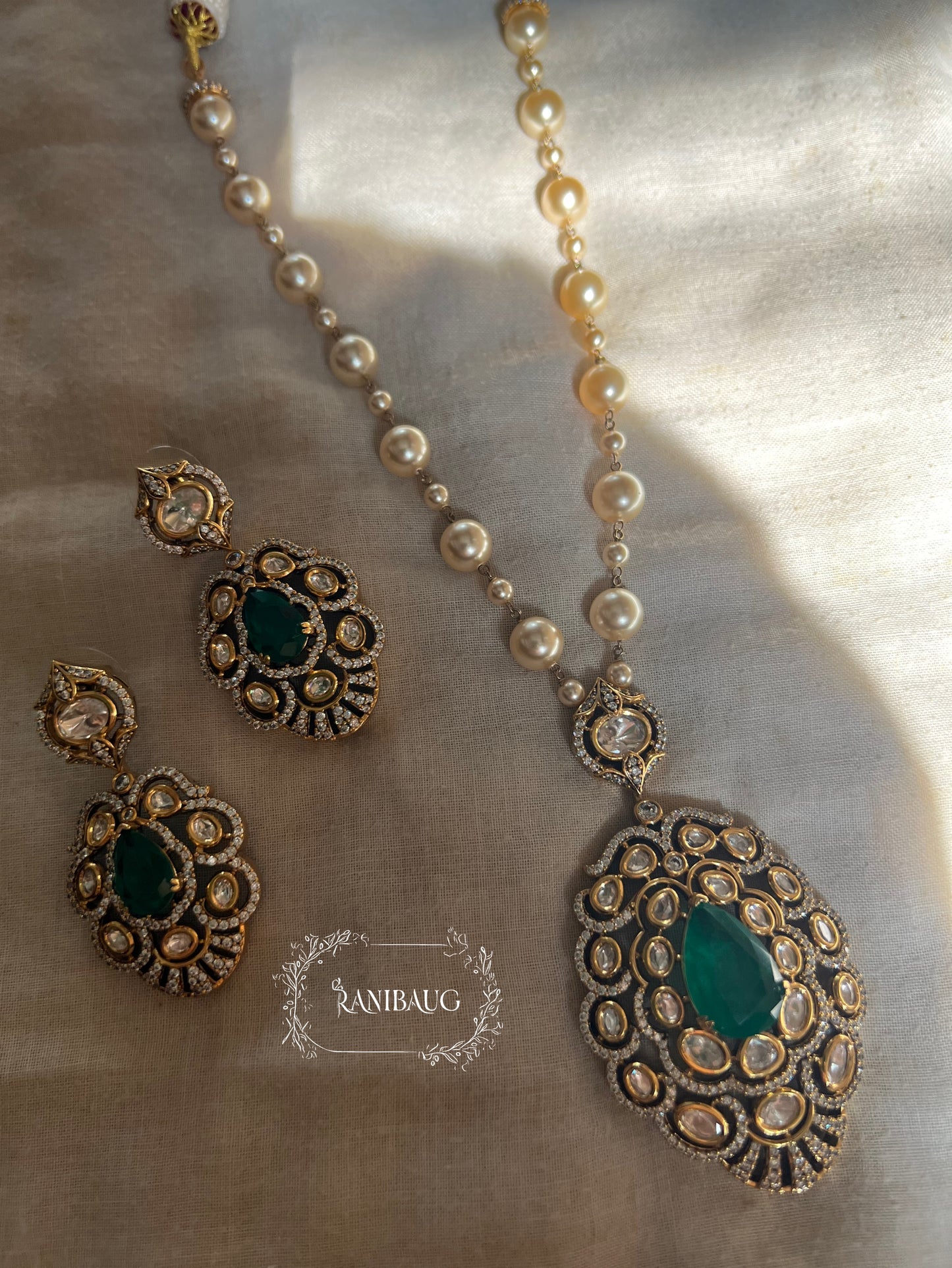 Gautami Queen's Royal Gemstone Polki And Pearl Victorian Finish Necklace Set By Ranibaug