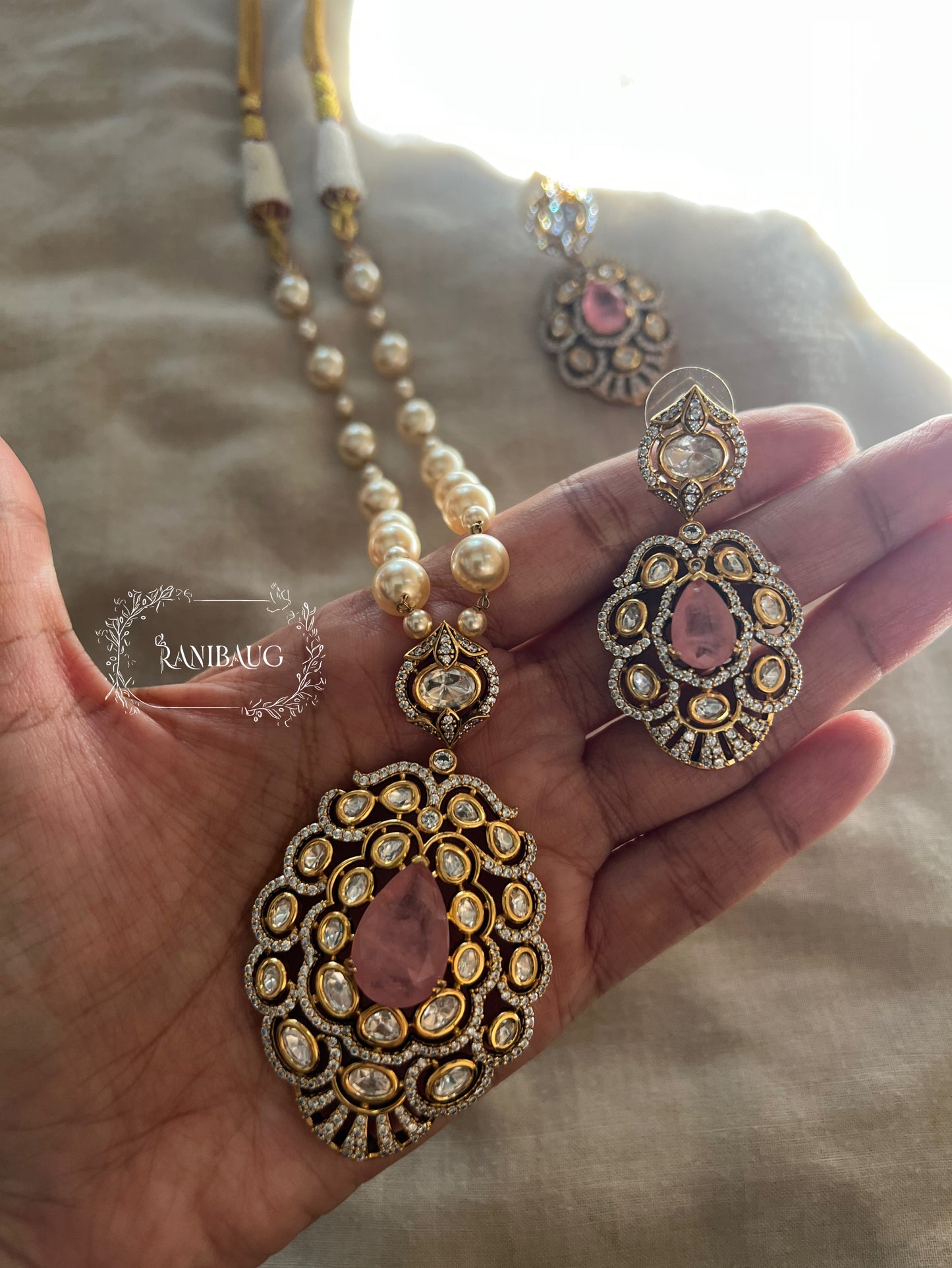 Gautami Queen's Royal Gemstone Polki And Pearl Victorian Finish Necklace Set By Ranibaug