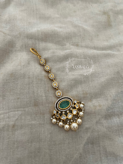 Gautami Rich Gold Tone Polki Studded Green Maangtikka With Pearl By Ranibaug