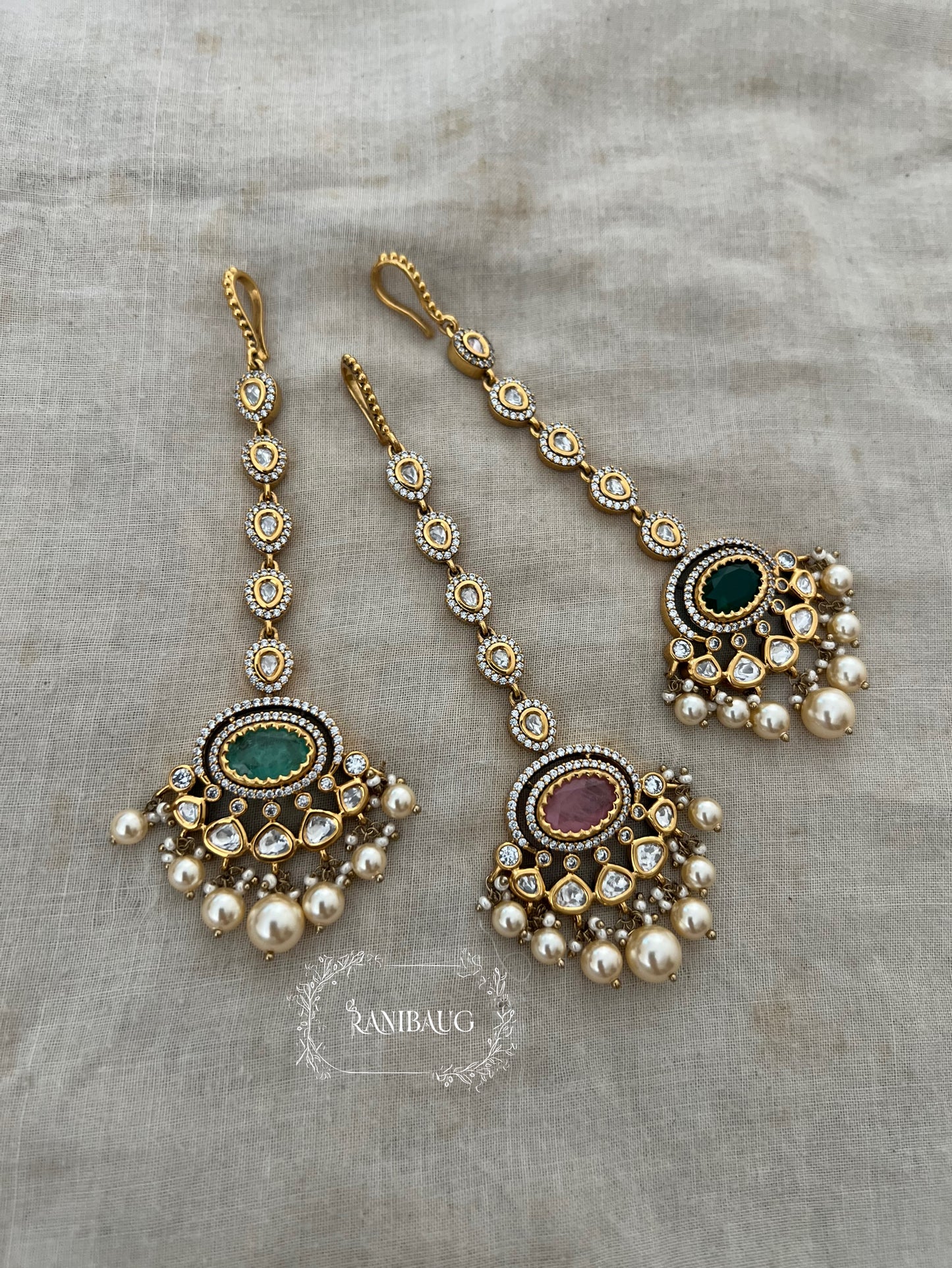 Gautami Rich Gold Tone Polki Studded Green Maangtikka With Pearl By Ranibaug