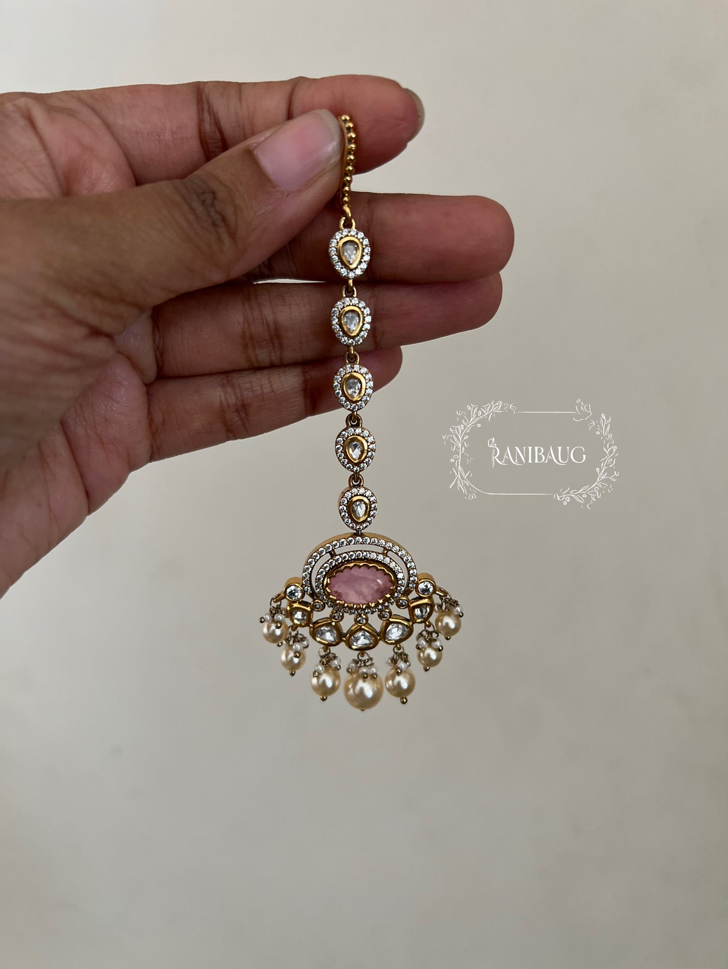 Gautami Rich Gold Tone Polki Studded Green Maangtikka With Pearl By Ranibaug