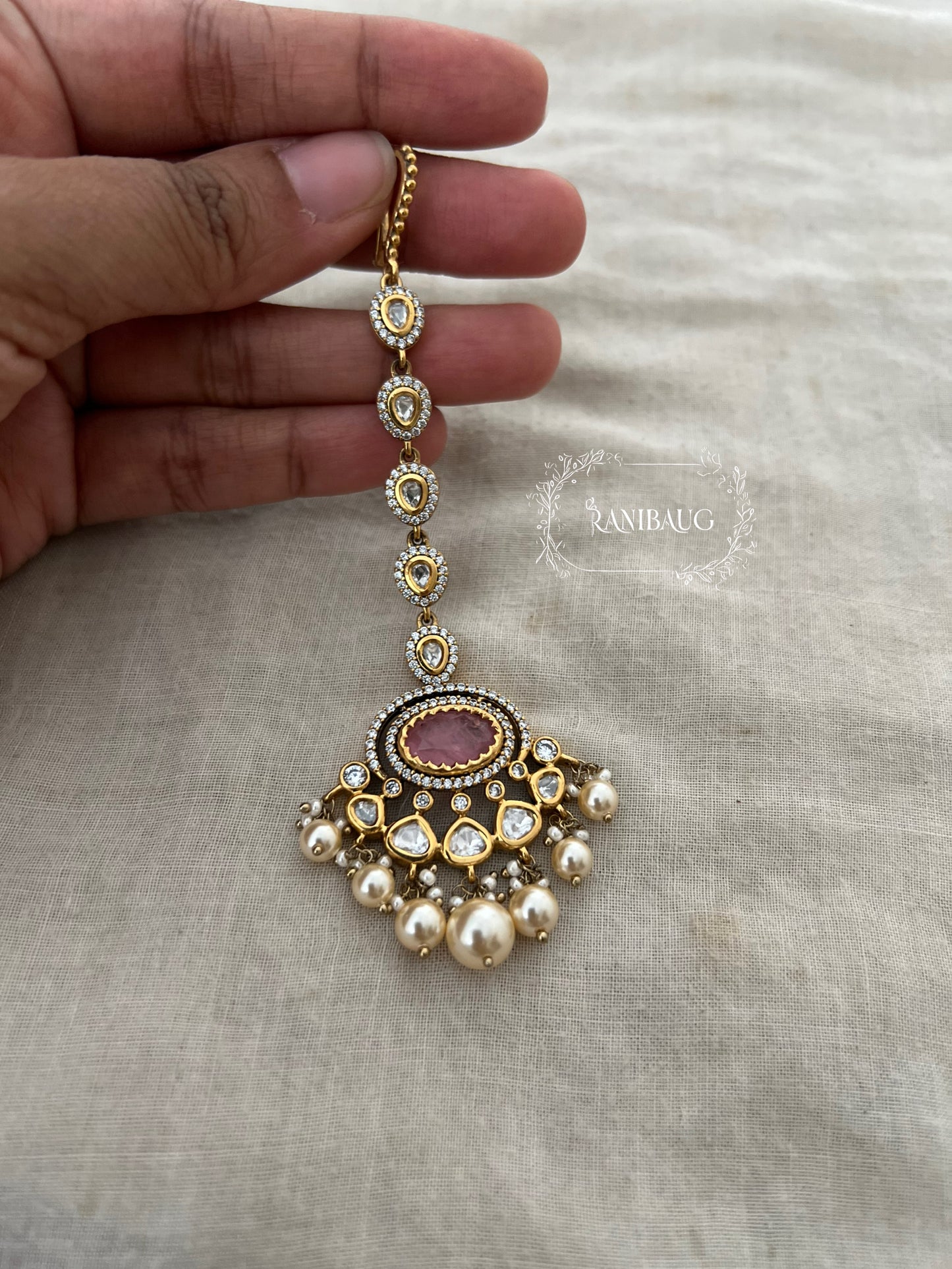 Gautami Rich Gold Tone Polki Studded Green Maangtikka With Pearl By Ranibaug
