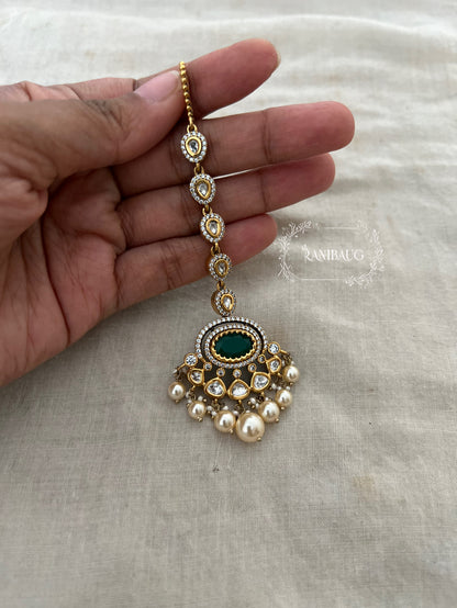 Gautami Rich Gold Tone Polki Studded Green Maangtikka With Pearl By Ranibaug