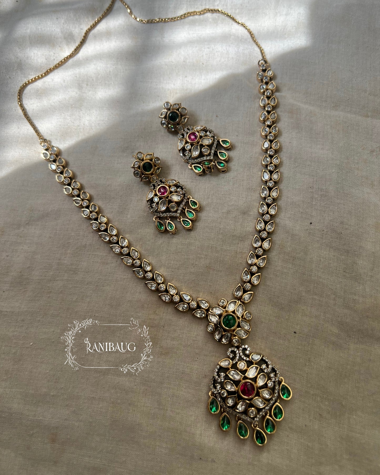 Gayatri Vintage Victorian Mossainite Polki Long Necklace Set By Ranibaug | 2025 2026