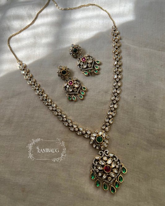 Gayatri Vintage Victorian Mossainite Polki Long Necklace Set By Ranibaug | 2025 2026