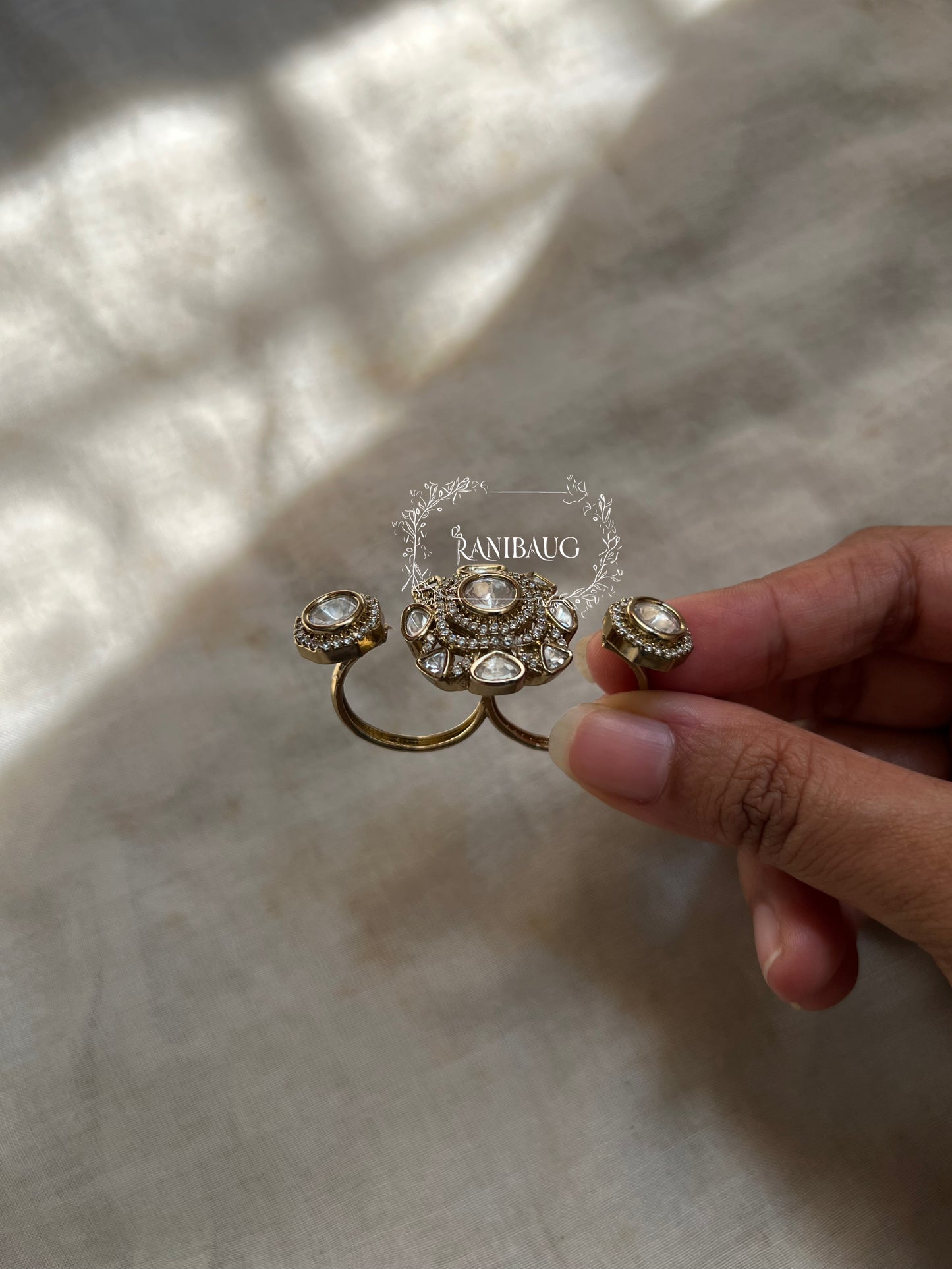 Geet Victorian Finish Royal Polki Floral Motif Two Finger Ring By Ranibaug