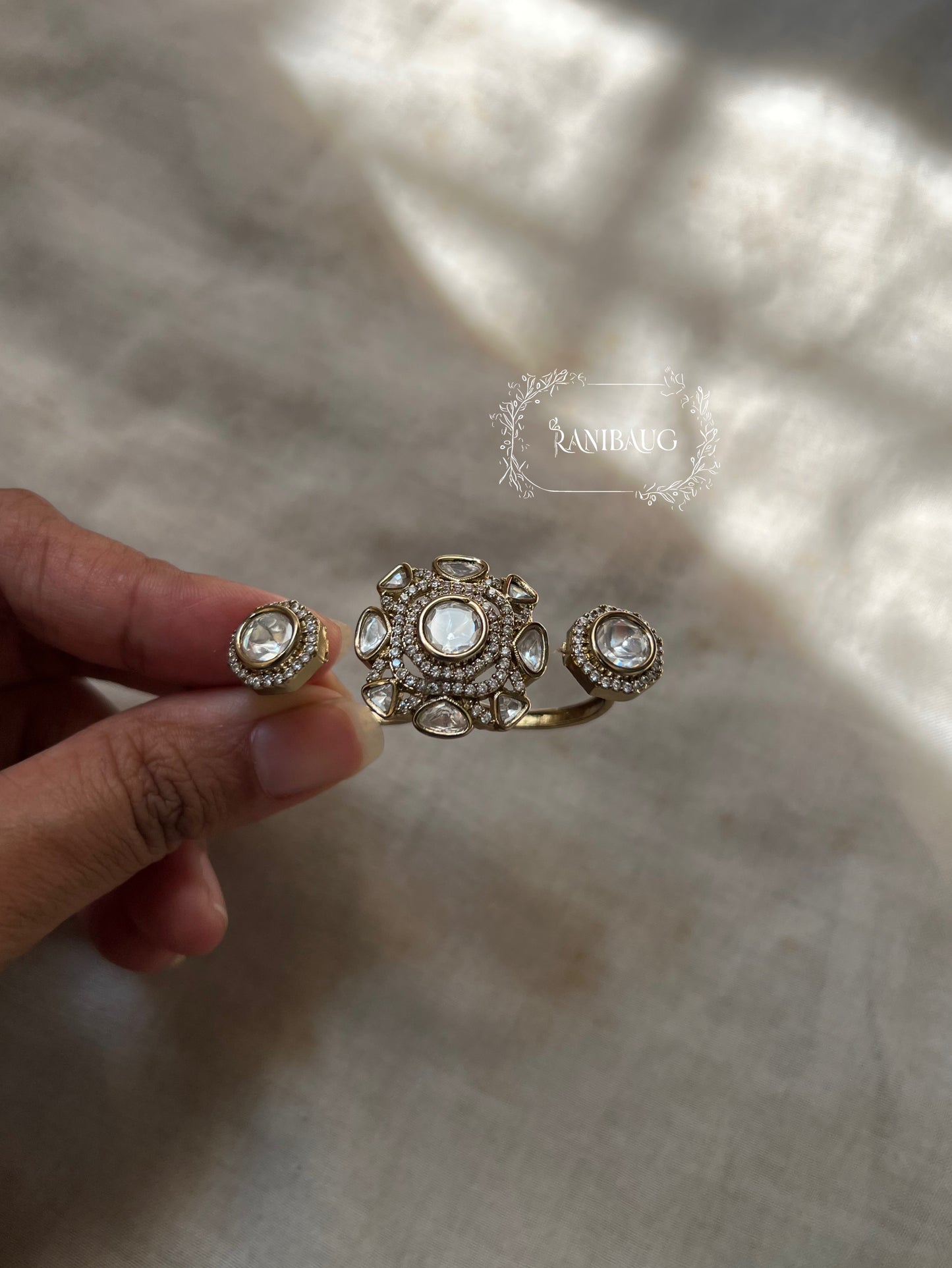 Geet Victorian Finish Royal Polki Floral Motif Two Finger Ring By Ranibaug