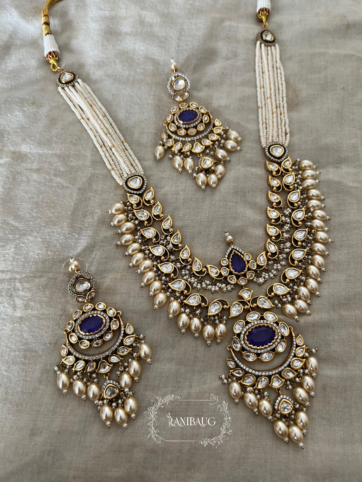 Geeta Polki Kundan Studded Pearl Adorned Victorian Finish Necklace Jewelry Set By Ranibaug