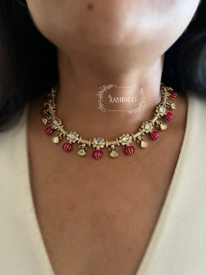 Girija Designer Beaded Motif Kundan Drops Gold Plated Necklace Set By Ranibaug