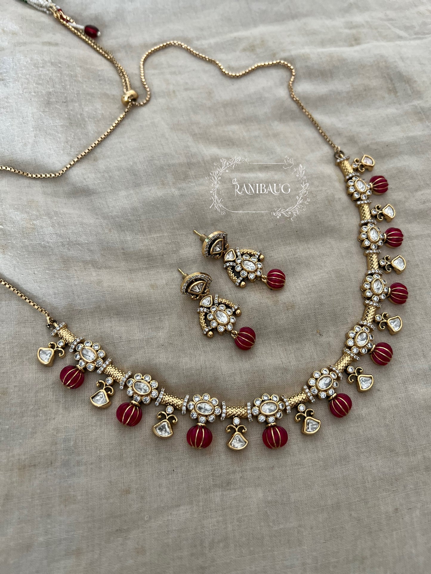 Girija Designer Beaded Motif Kundan Drops Gold Plated Necklace Set By Ranibaug