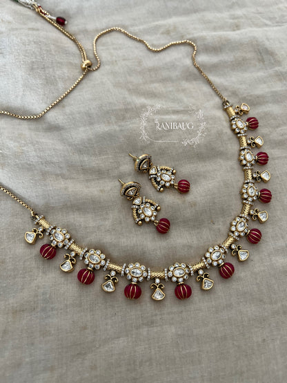 Girija Designer Beaded Motif Kundan Drops Gold Plated Necklace Set By Ranibaug