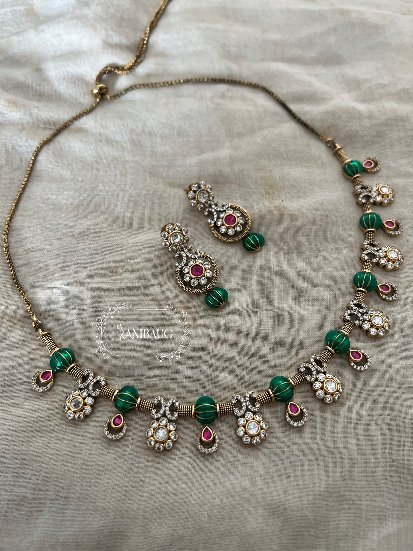 Girija Designer Beaded Motif Kundan Drops Gold Plated Necklace Set By Ranibaug