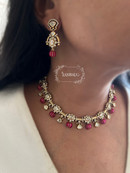 Girija Designer Beaded Motif Kundan Drops Gold Plated Necklace Set By Ranibaug