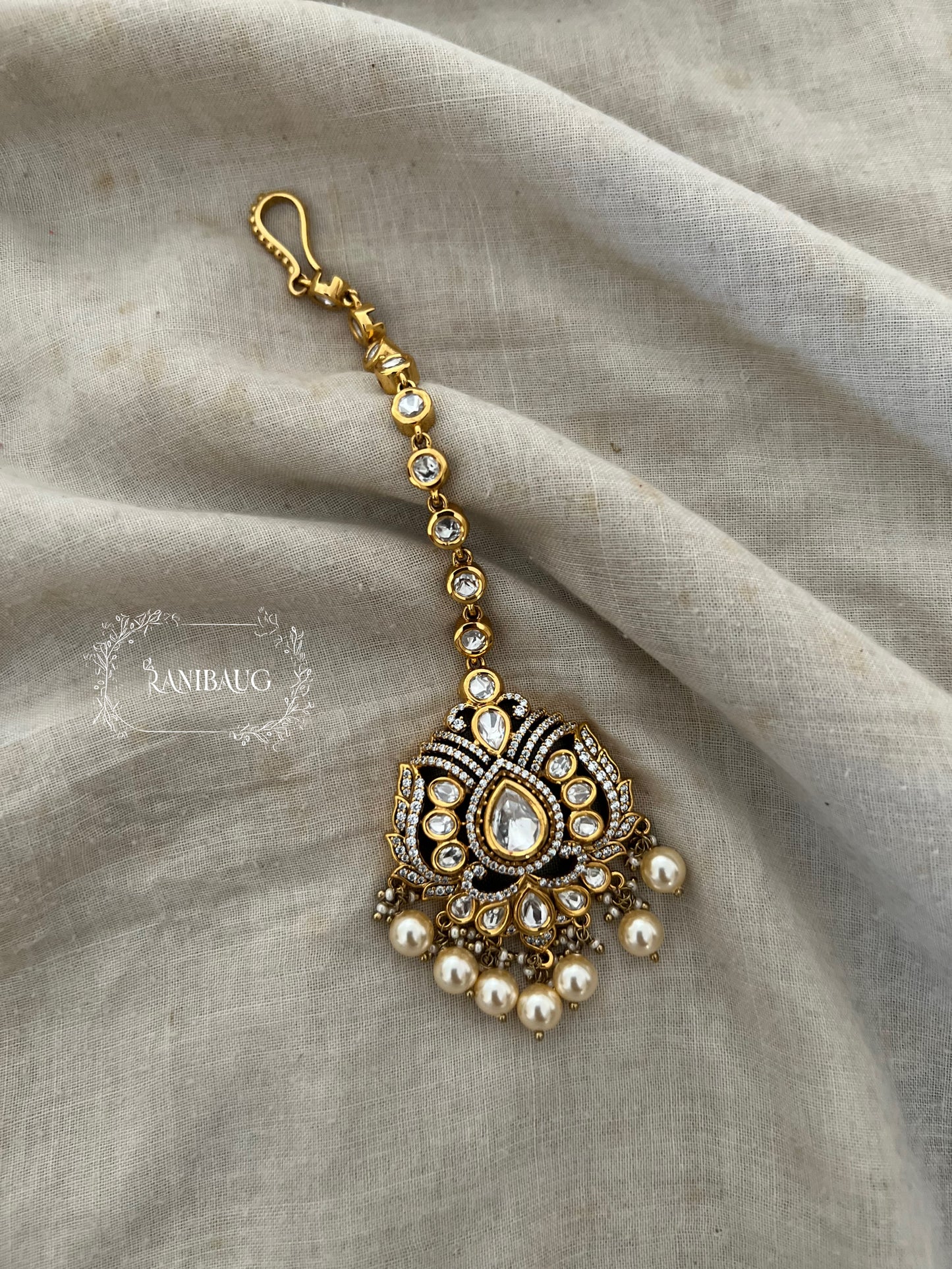 Girija Gold Plated Teardrop Polki Pearl Designer Maang Tikka Jewelry By Ranibaug