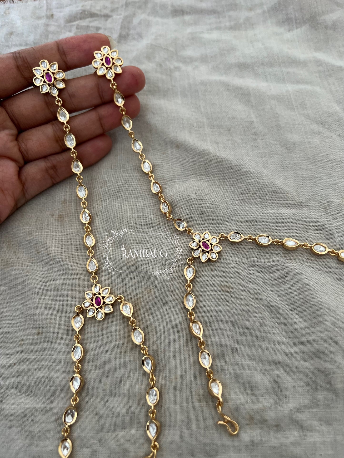 Girija Minimal Floral Pink Accent Polki Studded Gold Finish Haathphool By Ranibaug