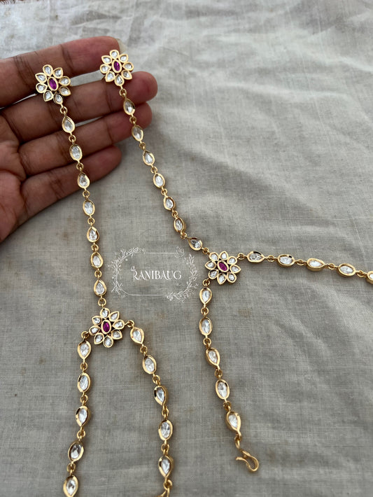 Girija Minimal Floral Pink Accent Polki Studded Gold Finish Haathphool By Ranibaug