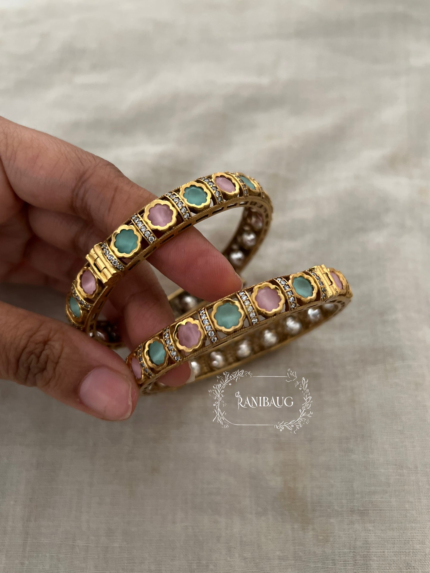 Girisha Polki Kundan Multicolor Gemstone Simple Bangles In Antique Gold Finish By Ranibaug