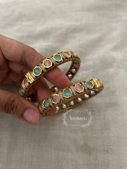 Girisha Polki Kundan Multicolor Gemstone Simple Bangles In Antique Gold Finish By Ranibaug