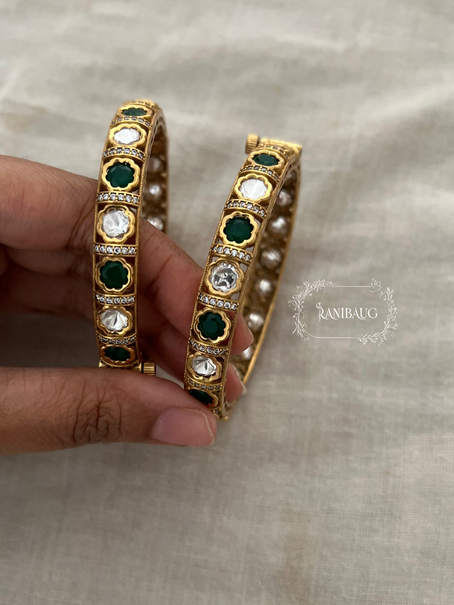 Girisha Polki Kundan Multicolor Gemstone Simple Bangles In Antique Gold Finish By Ranibaug