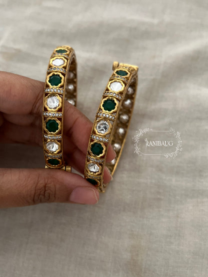 Girisha Polki Kundan Multicolor Gemstone Simple Bangles In Antique Gold Finish By Ranibaug
