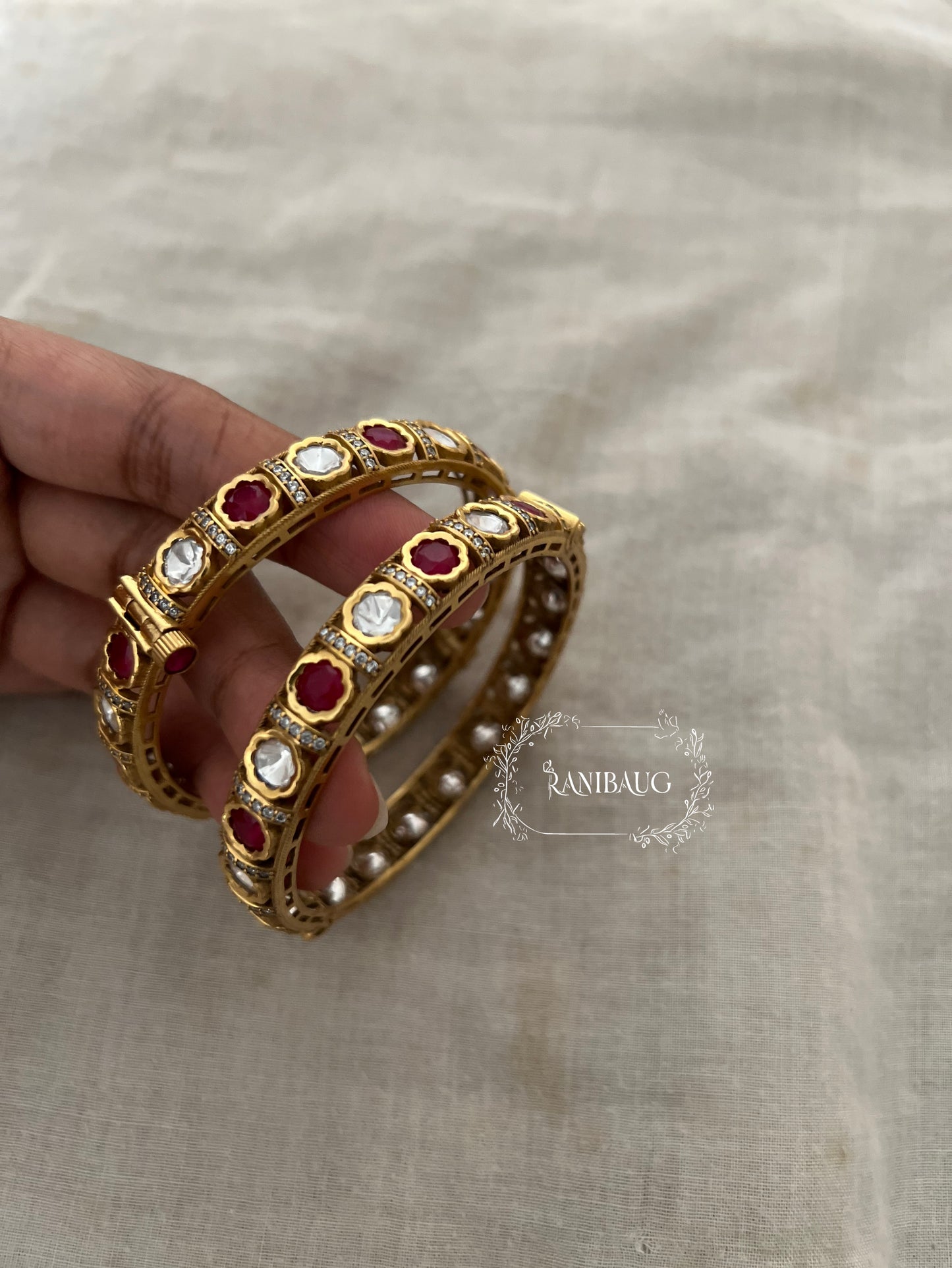 Girisha Polki Kundan Multicolor Gemstone Simple Bangles In Antique Gold Finish By Ranibaug