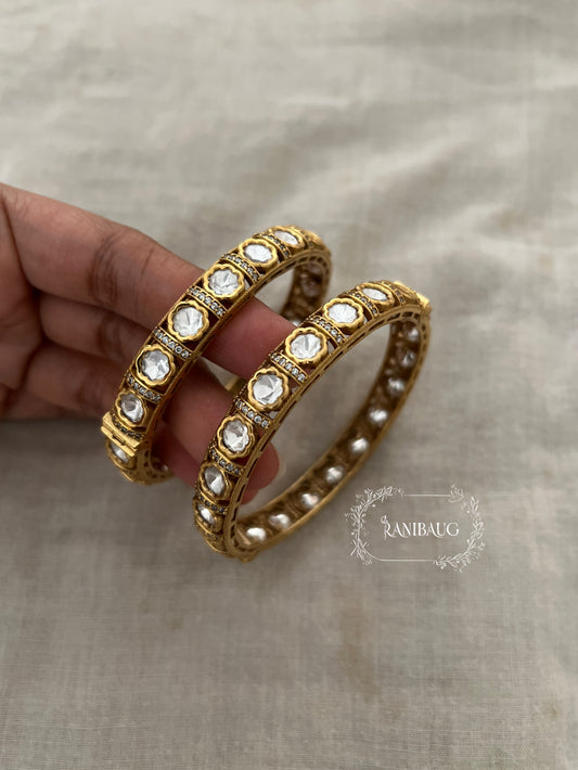 Girisha Polki Kundan Multicolor Gemstone Simple Bangles In Antique Gold Finish By Ranibaug