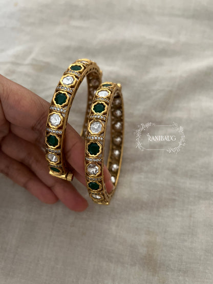 Girisha Polki Kundan Multicolor Gemstone Simple Bangles In Antique Gold Finish By Ranibaug